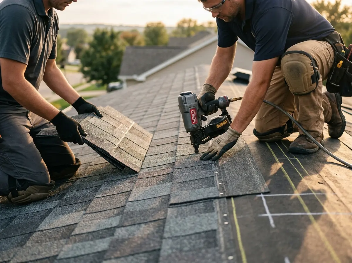 Professional roofer working on a residential roof in The Village of Indian Hill